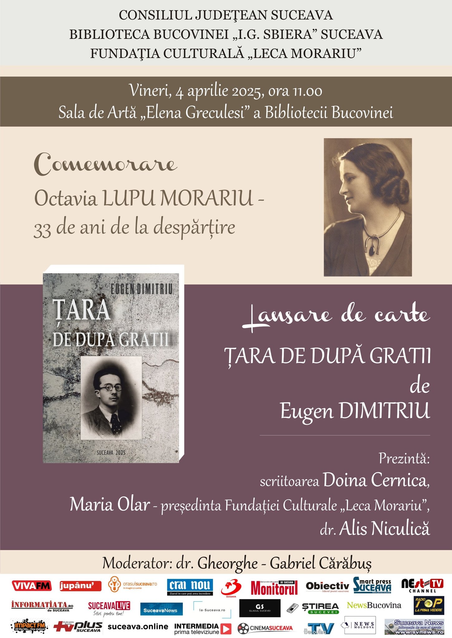 Comemorarea a 33 de ani de la plecarea Octaviei Lupu Morariu și lansarea cărții „Țara de după gratii” la Biblioteca Bucovinei